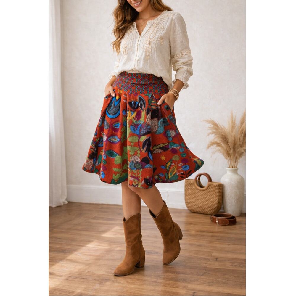 Boho Floral Pleated Skirt Anthropologie Style Y2K Artisan A-Line Medium